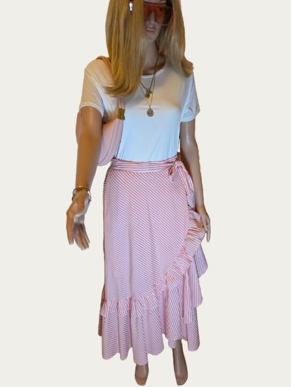 Maeve Anthropologie Penny Ruffled Wrap Midi Skirt Pink White Striped Sz S EUC - Picture 4 of 15